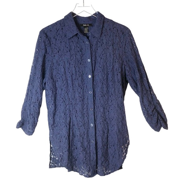 Style & Co. Tops - Style & Co Sophisticate Blue Lace Ruched 3/4 Sleeve Button Down Women's‎ Size L